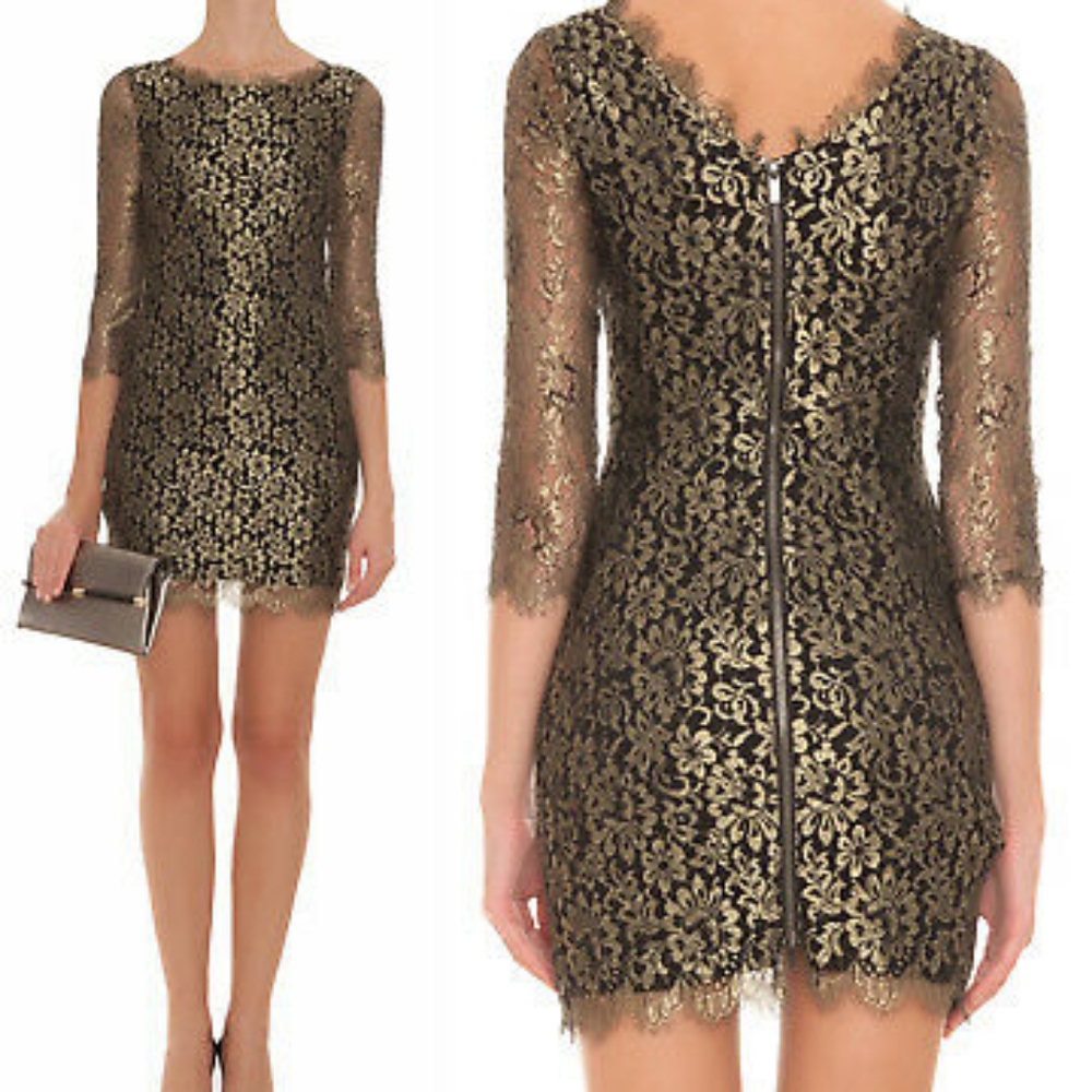 NWT!! Diane Von Furstenberg Black and Gold Lace Cocktail Dress